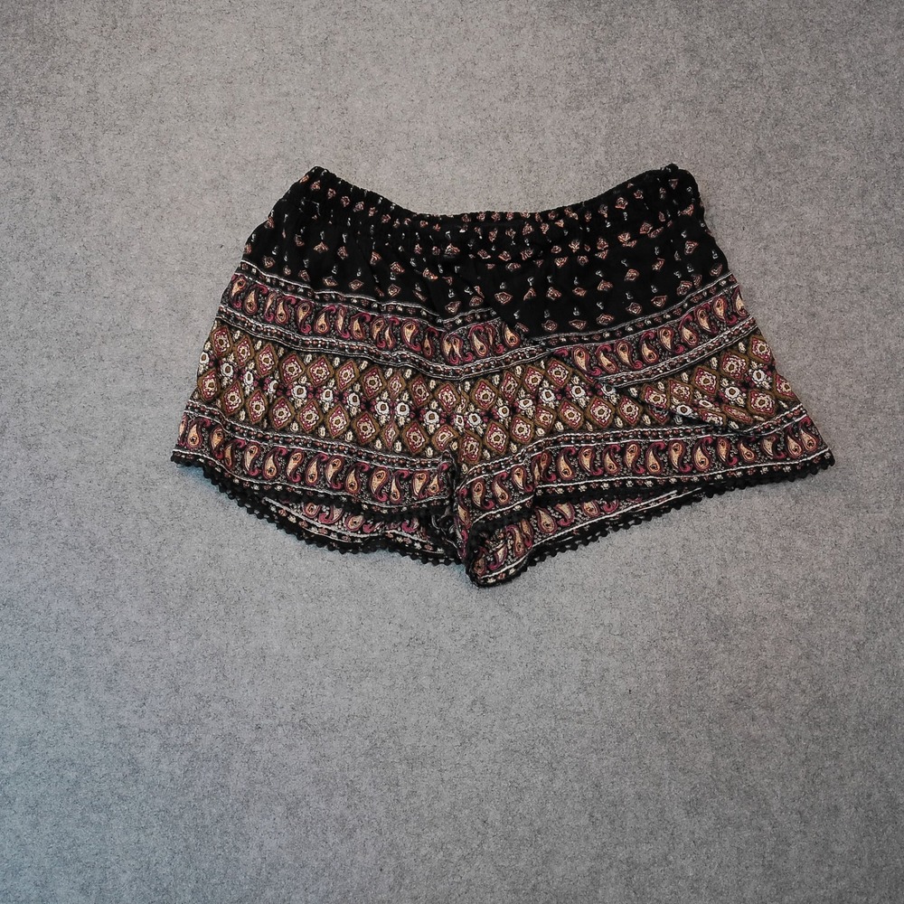 Angie Womens Boho Paisley Print Crochet Trim Rayon Shorts Black Pink Large